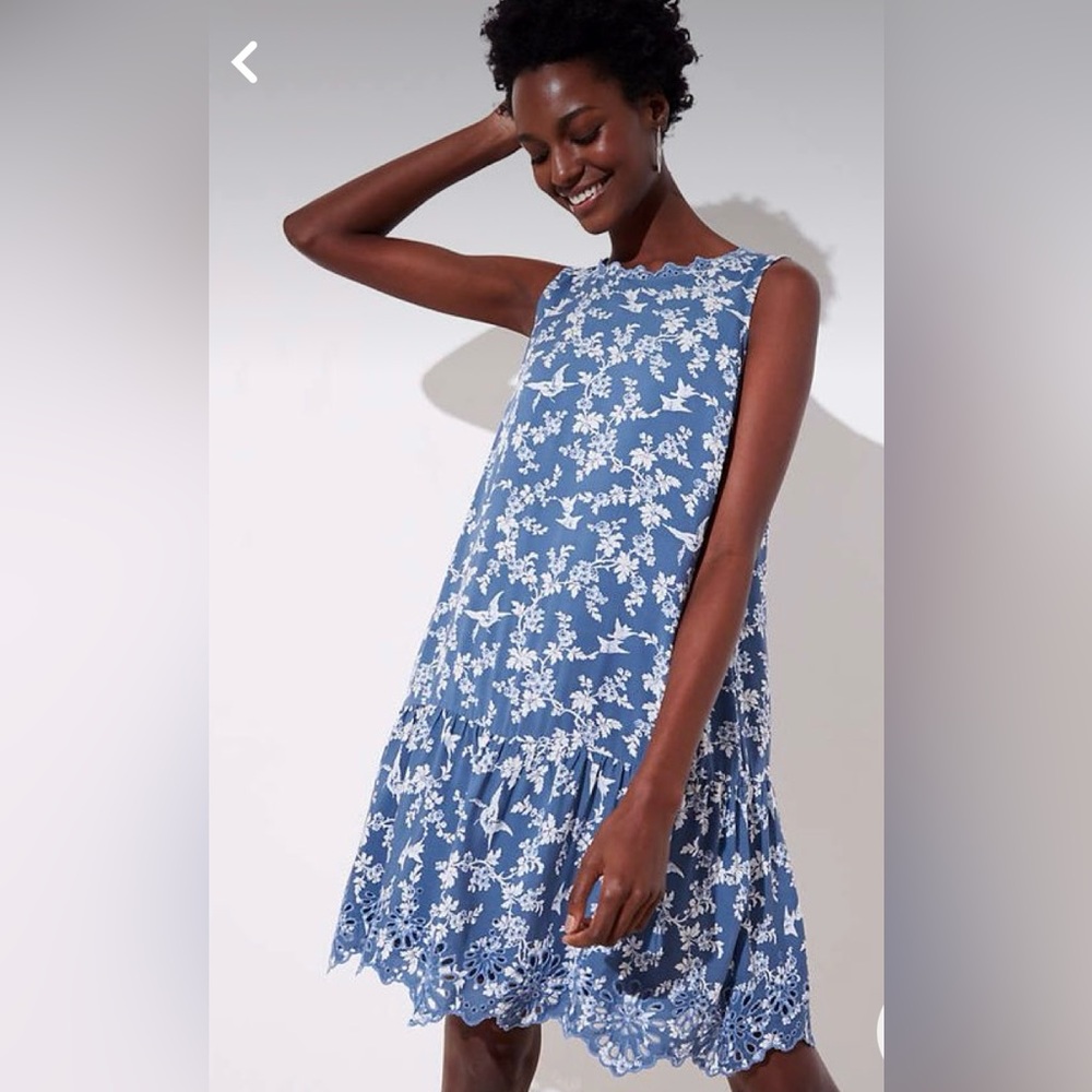 LOFT Antique Blue & White Floral Bird Print Eyelet Trim Dress - L - NWT